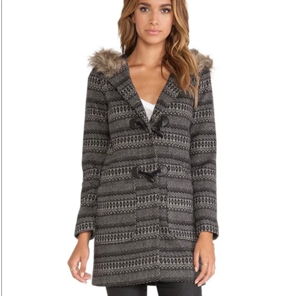 Jack by BB Dakota Leary Jaquard Patterned Hooded Coat with Faux Fur Trim Sz S